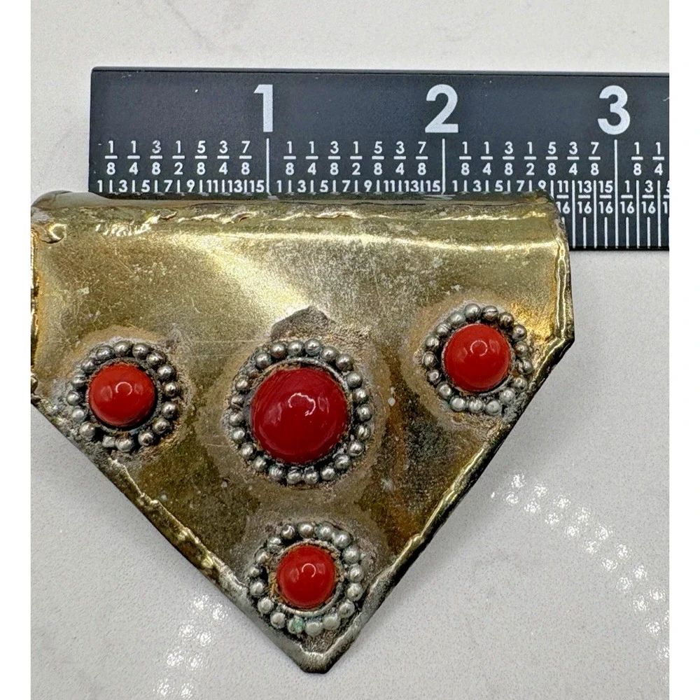 Large Antique Yemeni Brass Coral Hand Made Pendant Judaica Folk Tribal Gypsy Art